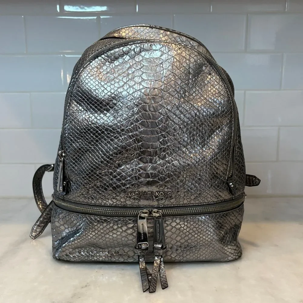 Michael Kors Backpack Bag Leather Purse Handbag Rhea Metallic Silver Snake Print